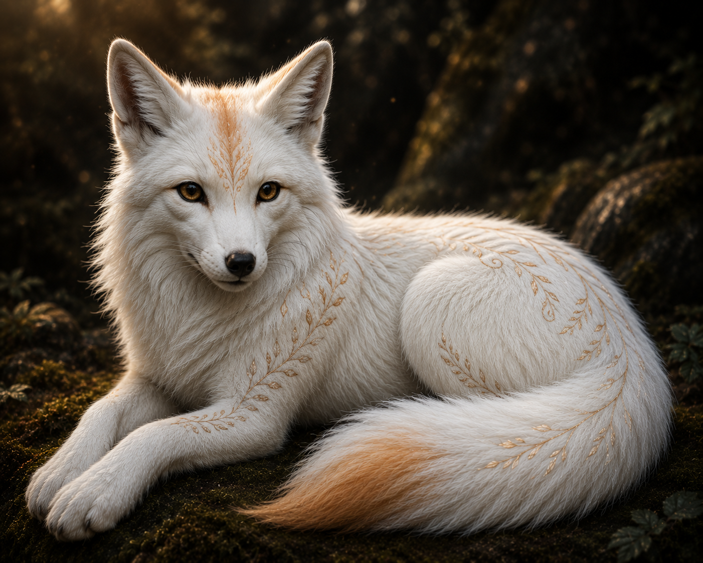 Gerald plushie — a white fox with golden vine embroidery along its fur