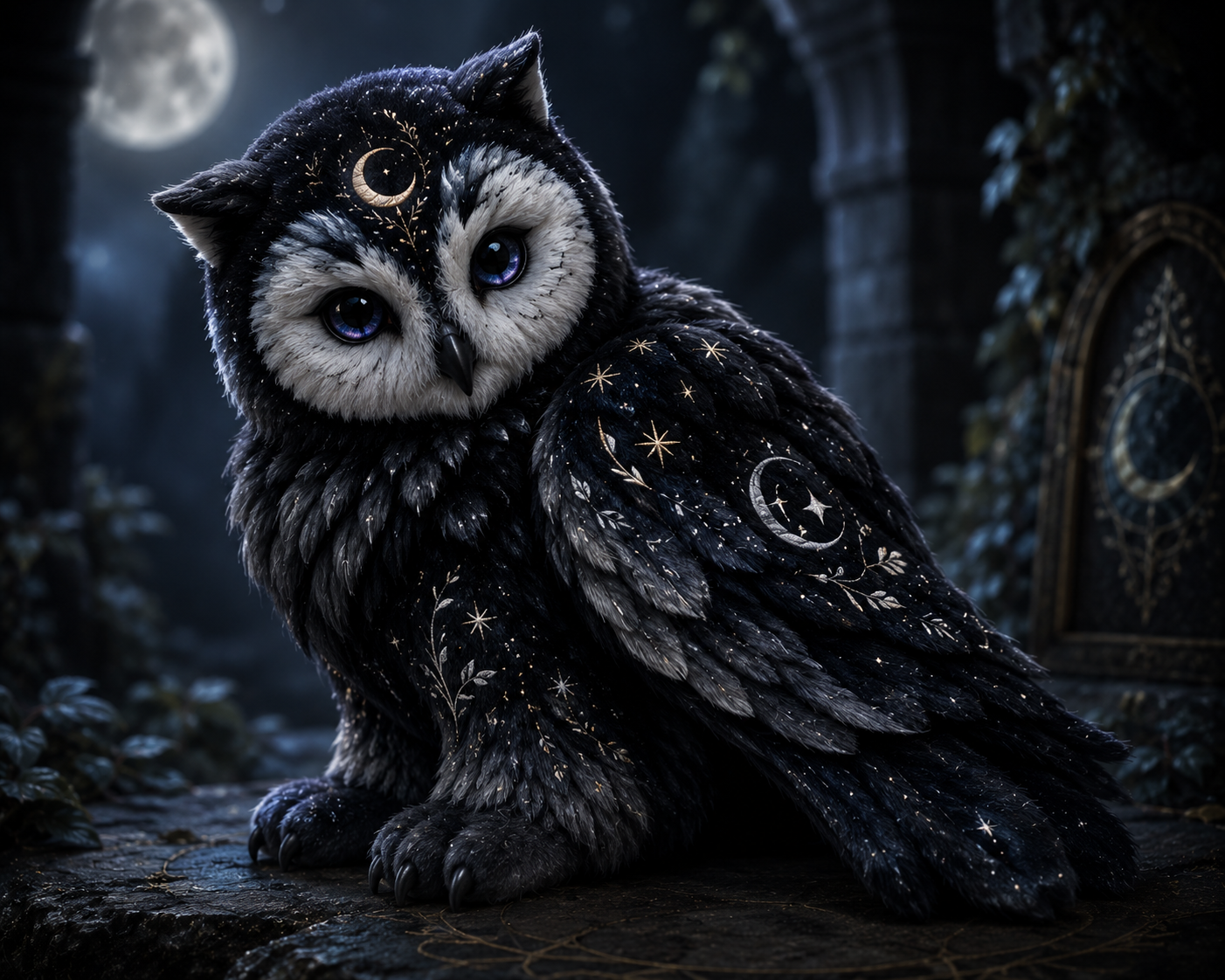 Rook plushie — a dark owl with a crescent moon on its brow and silver star embroidery on its wings
