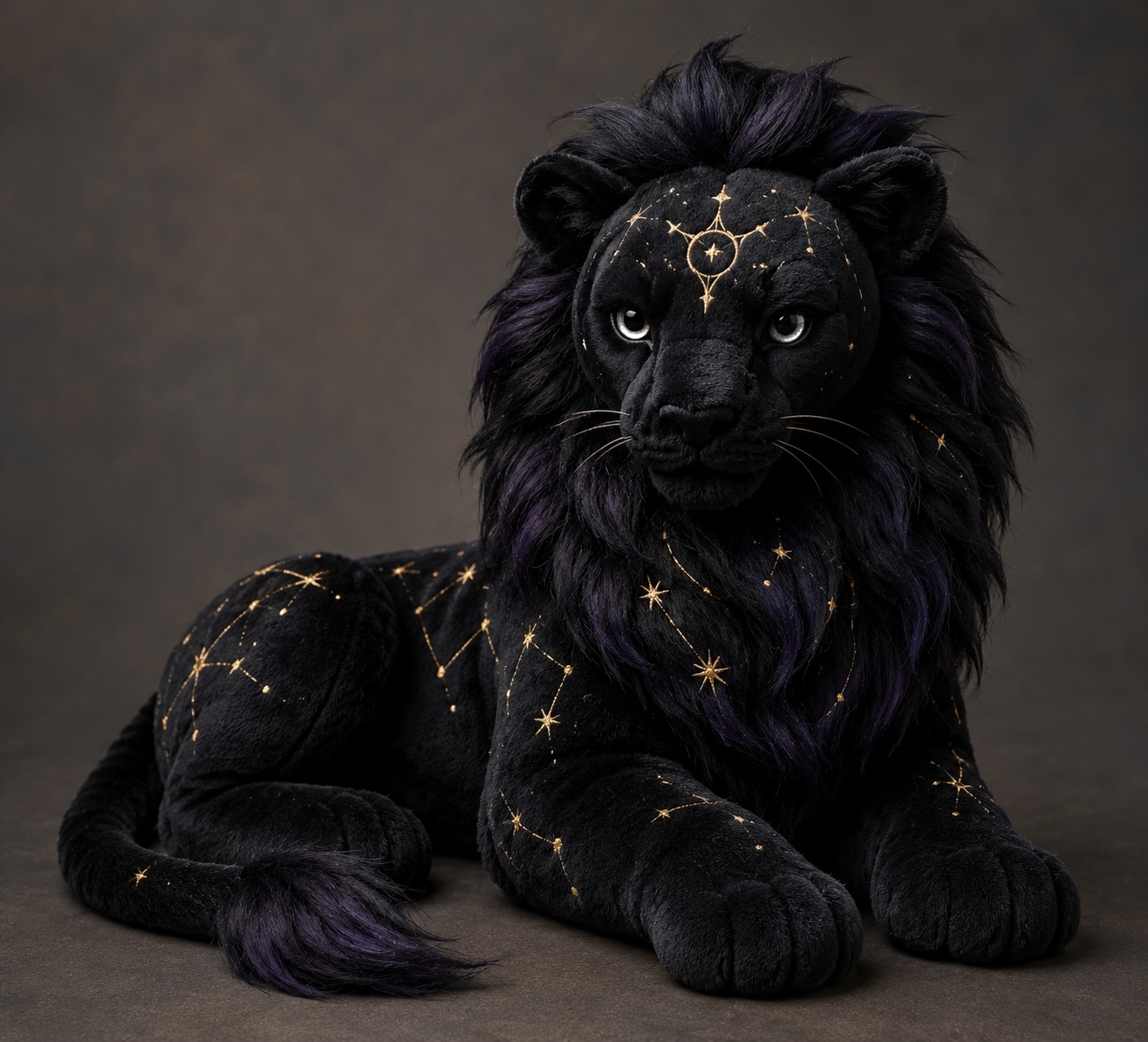 Scythe plushie — a black lion with gold constellation embroidery and a dark violet mane