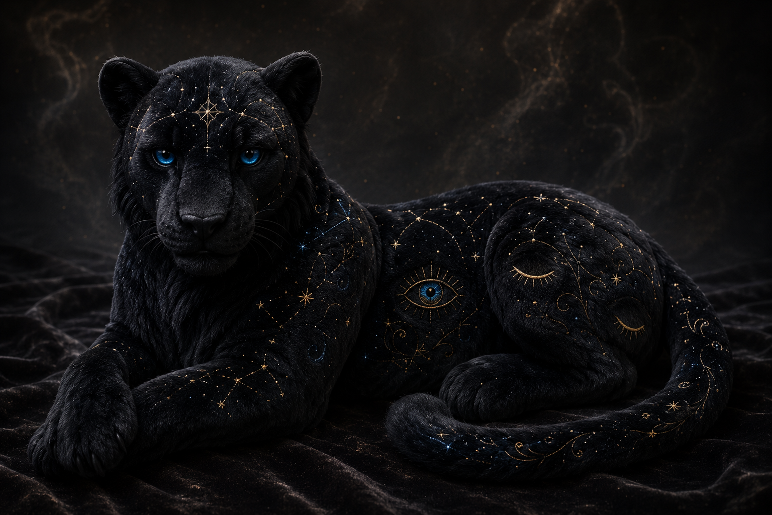 Shade plushie — a black panther with gold and blue celestial embroidery, one open eye and one closed eye stitched on its flanks