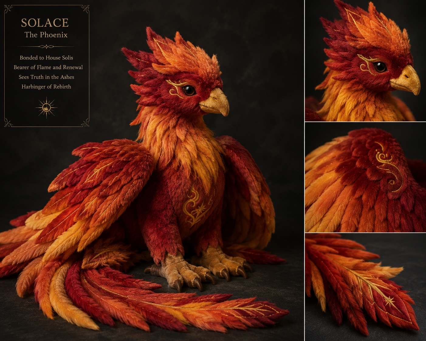 Solace plushie — a red and gold phoenix with embroidered flame glyphs and a long layered tail