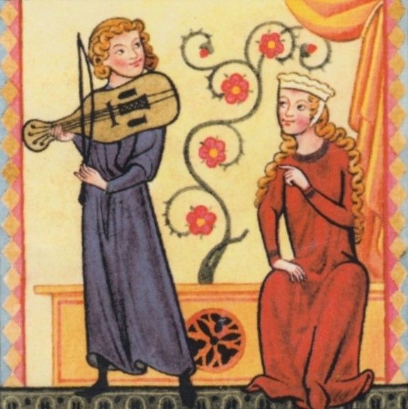 Medieval illumination of a troubadour playing for a noblewoman